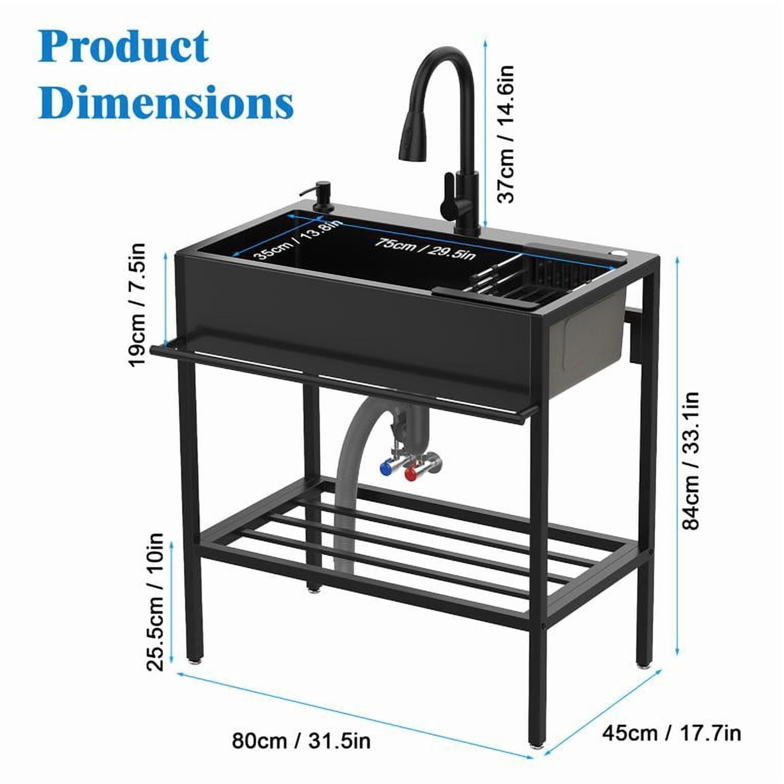 Mohsoe Single Bowl Utility Sink 80 x 45 x 86 cm, Stainless Steel Laundry Sink with 360° Rotatable Faucet, Built-In Storage Shelf, for Indoor Outdoor Garage Use