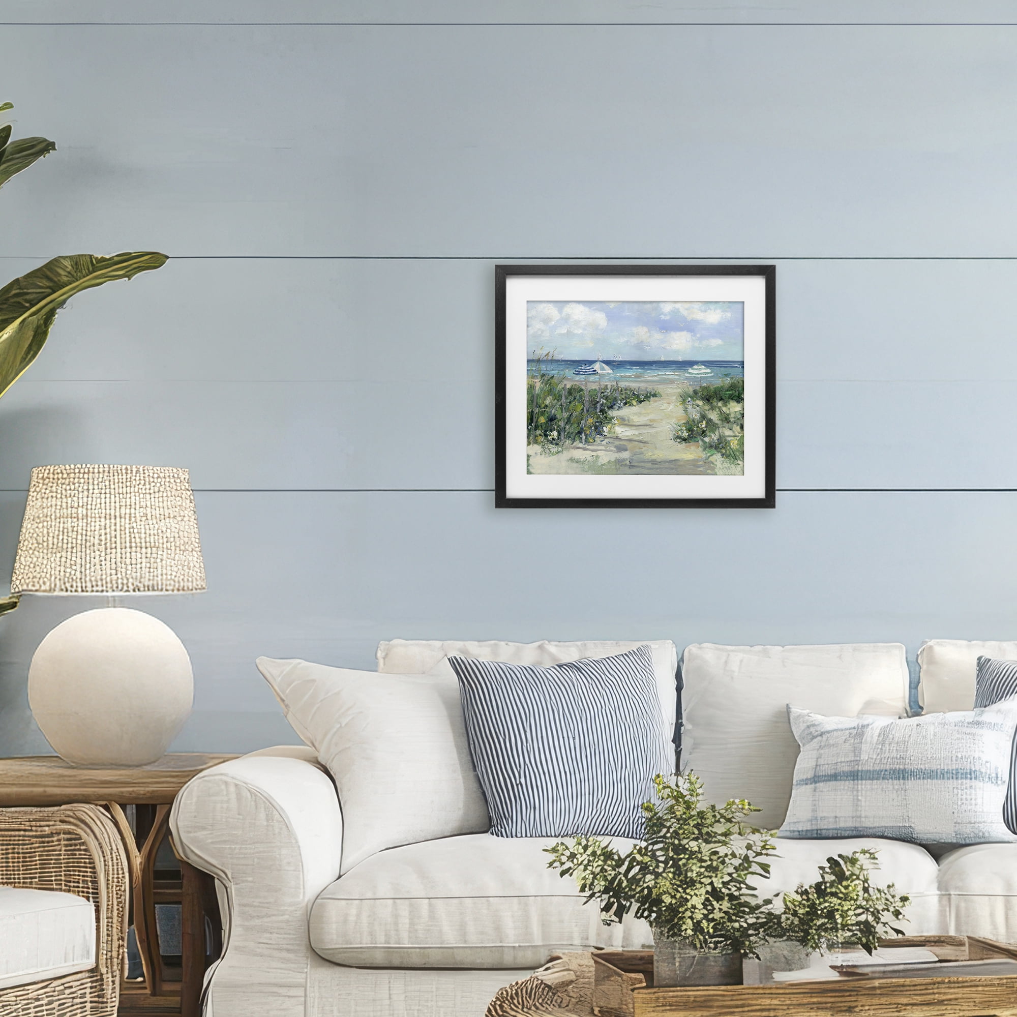 Stupell Industries Seaside Path To Striped Umbrellas Black Framed Print Under Glass, design by Sally Swatland