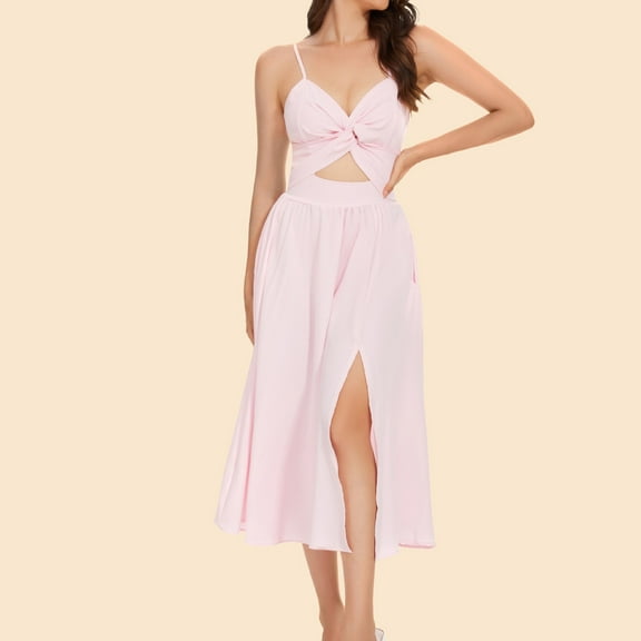 POTETI Sundresses for Juniors Pink Sun Dress Sleeveless Solid Color Strap V-Neck Flap Dress Bohemian Dress for Women