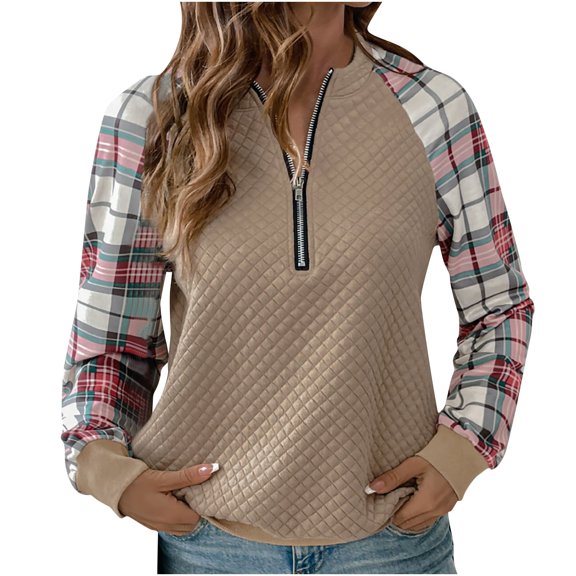 Womens Half Zip Sweatshirt Pullover Plaid Patchwork Waffle Knit Sweater Tops Casual Fashion Fall Winter Clothes (XL, Khaki)