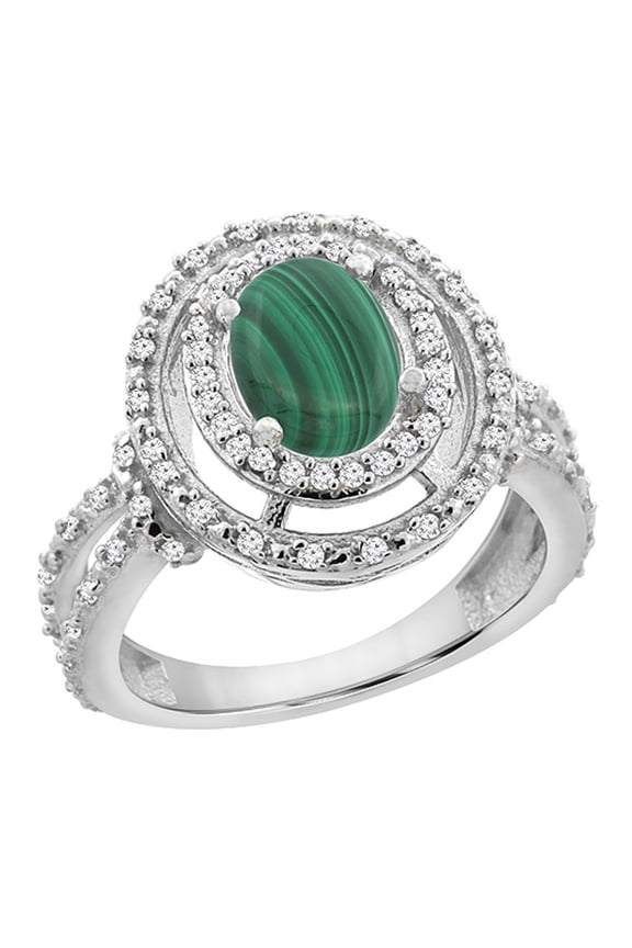14K White Gold Natural Malachite Ring Oval 8x6 mm Double Halo Diamond, size 5