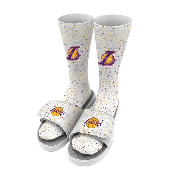Men's ISlide White Los Angeles Lakers Team Logo Speckle Socks & Slide Sandals Bundle