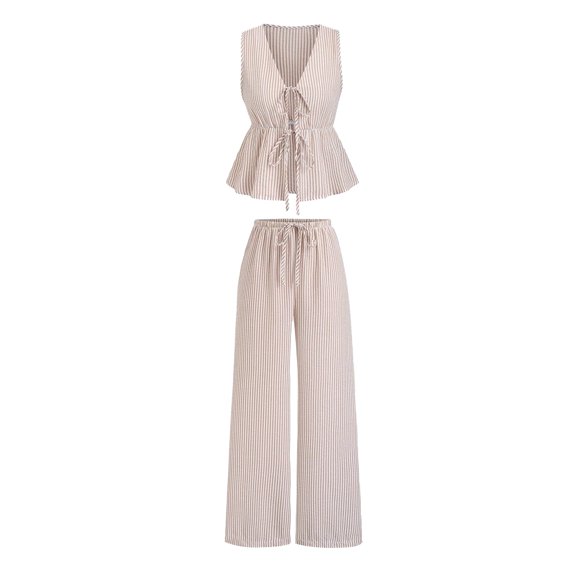 Quixlent Women's Striped 2 Piece Outfits Tie Front Ruffle Tank Top And Wide Leg Pants Sets Summer Casual Sleeveless Lounge Sets