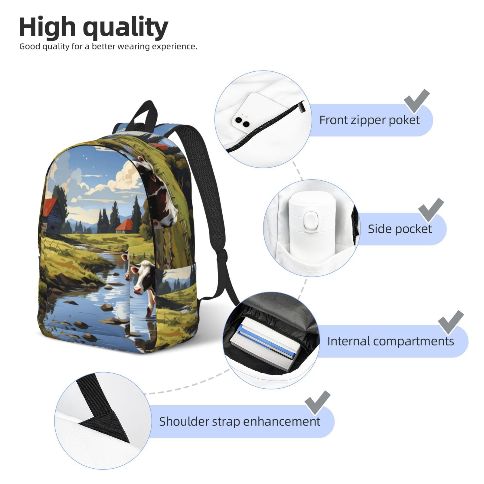 Picia Pasture Cow A Printed Canvas Daypack - Stylish and Durable Vintage Compact Backpack - Class, Work, Travel, or Laptop Bookbag,Organized Compartments-Medium