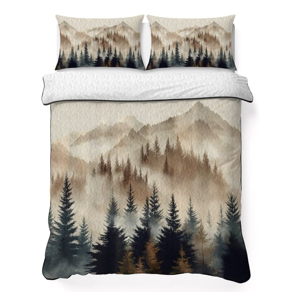Twin XL Quilt Set 68''x98'', Tan Forest Lightweight Summer Bedspread Coverlet Set with 2 Pillow Shams, Trees Woods Vintage Natural Watercolor Breathable All Season Quilt Bedding for Dorm/Guest Room