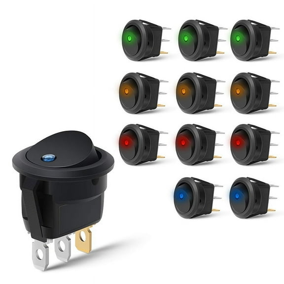 12PCS Round Dot Lighted Rocker Switch Toggle 20A 12V DC On/Off SPST Switch Control, 3Blue 3Green 3Yellow 3Red