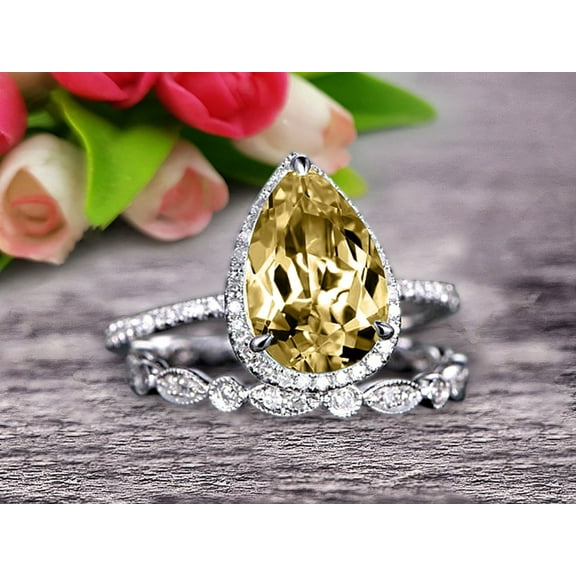 8x5mm Pear Shape Gemstone With Split Shank Halo Design 2.25 Carat Champagne Diamond Moissanite Engagement Ring Bridal Set Anniversary Gift On 10k White Gold