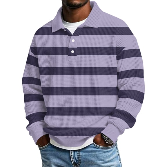 Cozyvia Men's Long Sleeve Striped Polo Shirts, Waffle Henley Shirts with Collar, Oversized Casual Button Up Shirt Golf Polo Shirts - Purple Pink XL