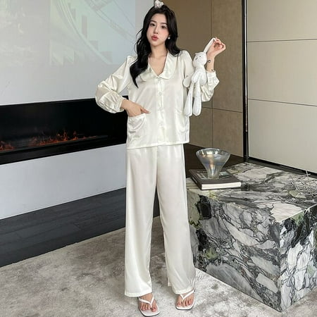 

DanceeMangoo Women Sleepwear Autumn Winter Pajamas Set for Women Fake Silk Sweet Pijama Set Girl Nightgown Loose Waist Long Pant Silk Pajamas