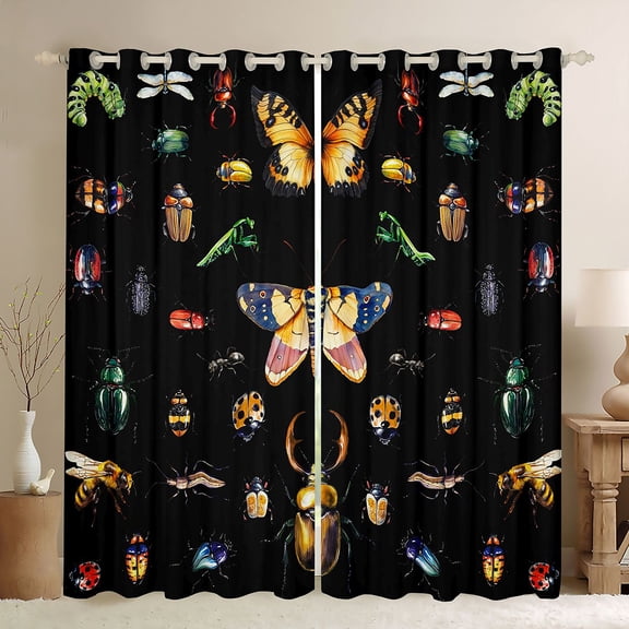Homewish Retro Rustic Moth Black Out Curtains,Wild Bee Curtains Pack of 2 (42x63 Each),Black Brown Bedroom Curtains For Boys Kids,Ultra Soft Home Decor