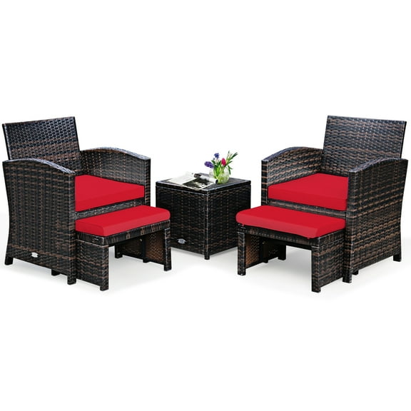 Gymax 5PCS Rattan Patio Furniture Set Chair & Ottoman Set w/ Red Cushions