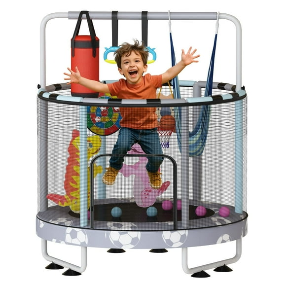 LinkRomat Round Trampoline for Kids, Indoor & Outdoor Toddler Trampoline with Enclosure, Adjustable Height Handrail & Durable Designs for Boys & Girls, 450lbs Capacity, 7-in-1, 55"