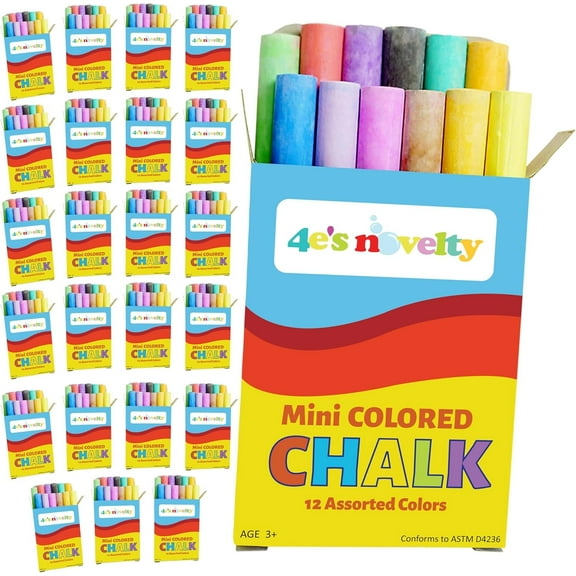 4E's Novelty 288-Piece Mini Sidewalk Chalk Set, 24 Boxes,12 colors Thin Sticks Blackboard or Sidewalk Chalk Party Favors & Goodie Bag StuffersPrize Toy Toddler, End of Year Student Gifts