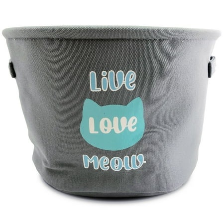 Posh Paws – Canvas Storage Bin with printed lining. Size: L: 12 x H: 8’’ Gray. Live Low Meow Screen Print. Cat Toy Bin