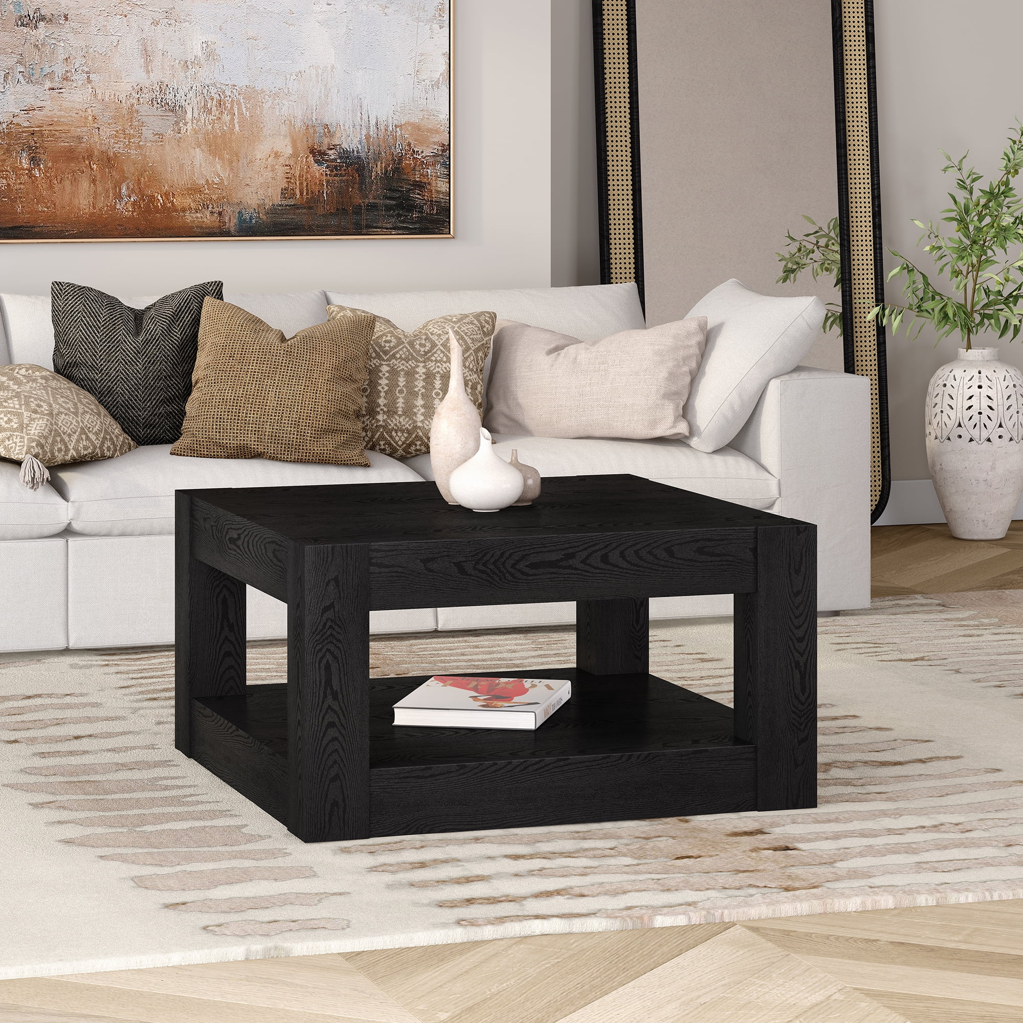 Evelyn&Zoe Hughes 32" Wide Square Coffee Table, Black Grain