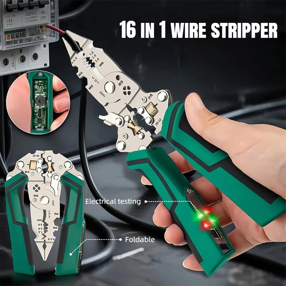 16 in 1 Wire Stripper Twister for Cutting and Pulling Wires, Cable Scissors, Voltage Tester Pliers, 12v to 250v, Foldable for Electrical Repair & DIY Household Use (Green*2)