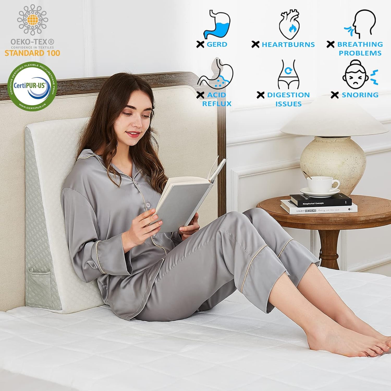 L'AGRATY Bed Wedge Pillow with Memory Foam,7.5" Support Wedge Pillow for Sleeping After Surgery,Great pillow for reducing snoring,Wedge Pillow for Sleeping and Acid Reflux.