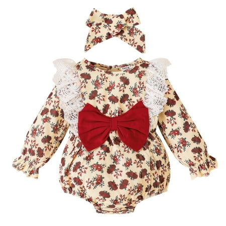 

Girls Long Sleeve Floral Prints Bowknot Romper Ruffles Bodysuits Headbands Set