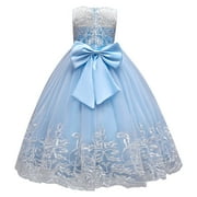 IBTOM CASTLE Flower Girl Lace Dress for Kids Wedding Bridesmaid Pageant Party Formal Long Maxi Gown Princess Communion Tulle Bow Dresses 9-10 Years Blue