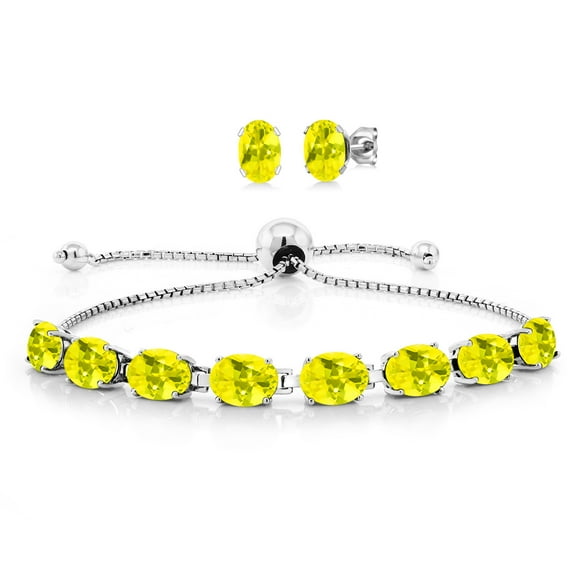 Gem Stone King 925 Sterling Silver Canary Mystic Topaz Bracelet and Earrings Jewelry Set for Women (8.00 Cttw, Gemstone November Birthstone, Oval 7X5MM, Fully Adjustable up to 9 inch)