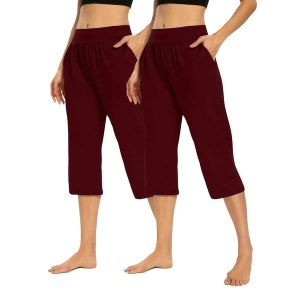 Timegard Capri Pants for Women 2pc Ruched High Waist Solid Color Crop Pants Comfy Casual Workout Pants