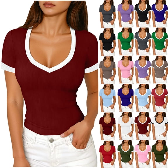 Women’s Ribbed V Neck Short Sleeve T Shirt Slim Fit Stretchy Knit Basic Top Casual Summer Soft Lightweight Tee for Daily Wear, Work, Travel & Streetwear