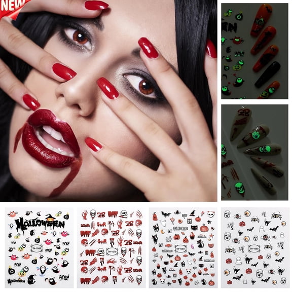Halloween Glow In The Dark Nail Stickers Spooky Pumpkin Skull Ghost Self Adhesive Nail Decals Luminous Water Transfer Nail Art Stickers DIY Manicure Decor Accessories for Fall Costume Party Cosplay