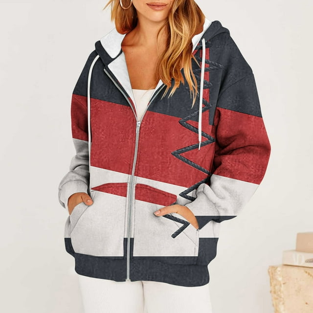 Chandails à Capuche Zippés pour Femmes Rabais de 50 % Liquidation Décontracté Imprimé Manches Longues Fermeture Éclair Hauts à Capuche Blouse avec Poche Chandails Vestes