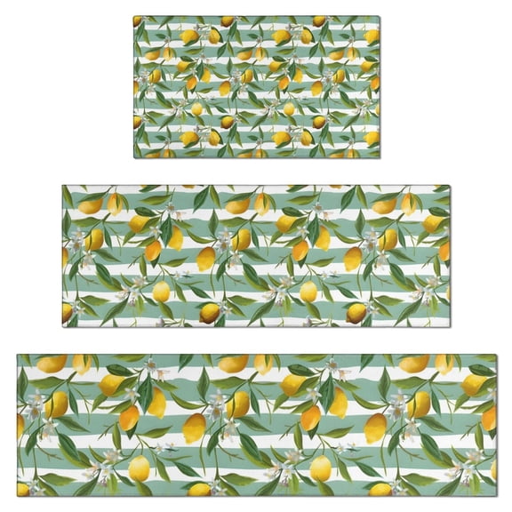 Yellow Lemon Fruits StripedGreen Pattern Kitchen Rugs Sets Of 3,Kitchen Runner Rugs Non Skid Washable,Decorative Kitchen Floor Mats for Kitchen,Sink,Laundry,17"x30" 17"x47" 17"x59"