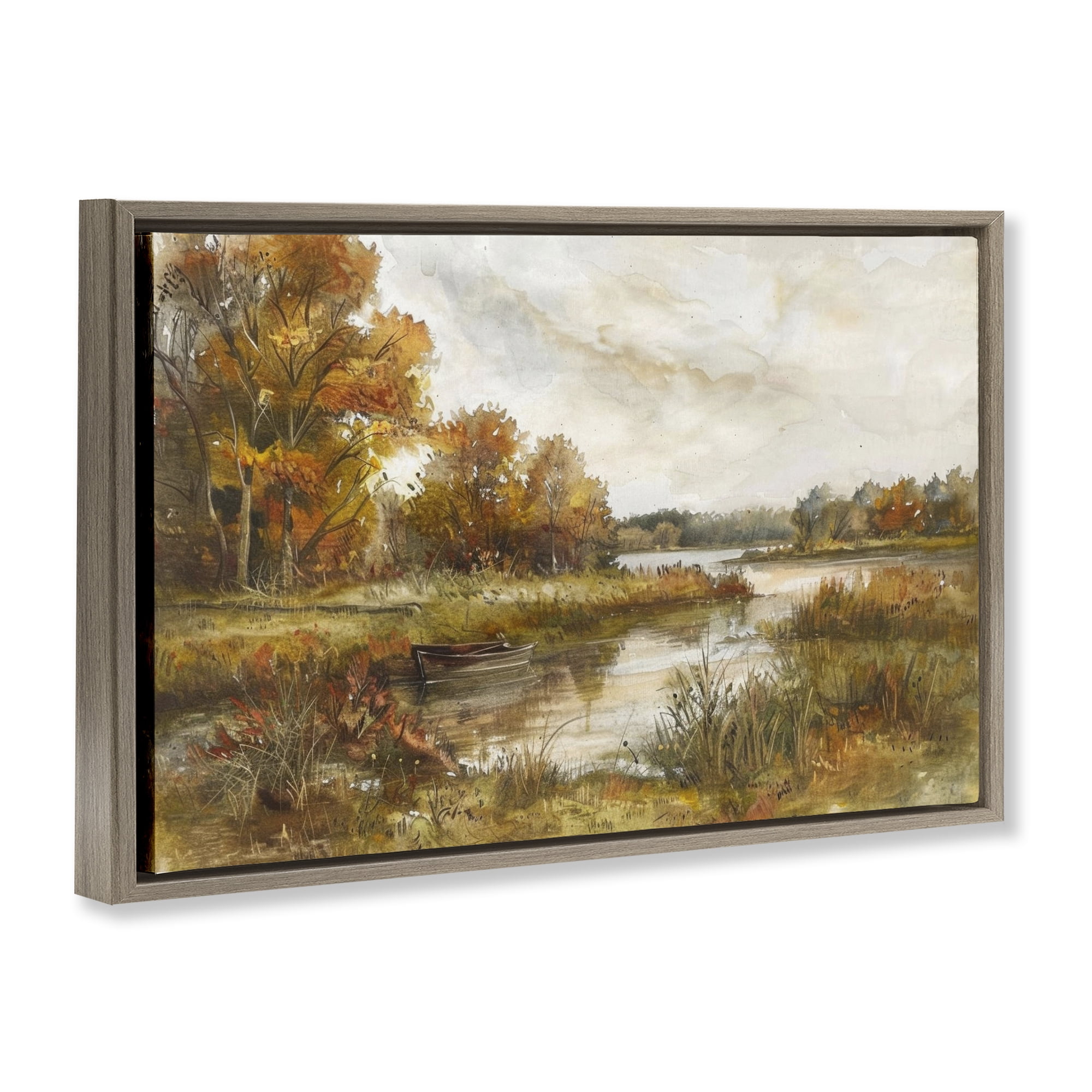 Stupell Industries Fall Scenic River Boat Landscape & Nature Painting Brown Floater Framed Canvas Art Print Wall Art, 31 x 21