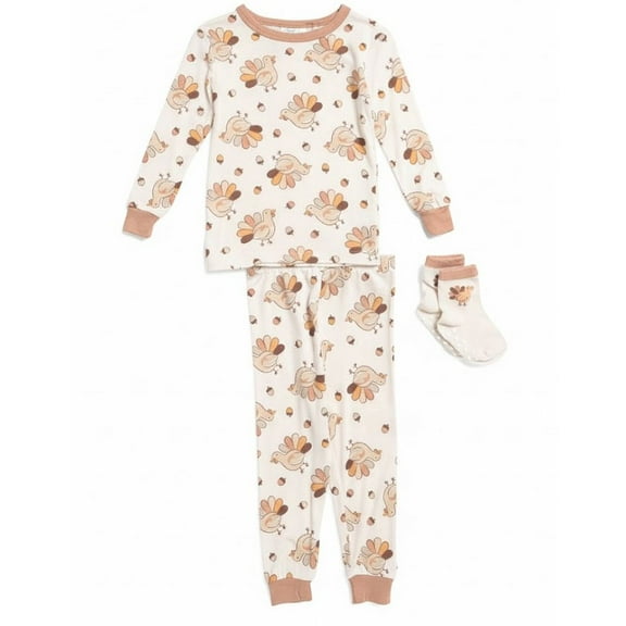 Toddler Kids Turkey, Fall Acorn Print Viscose Bamboo Pajama Set with Socks, Size 3T