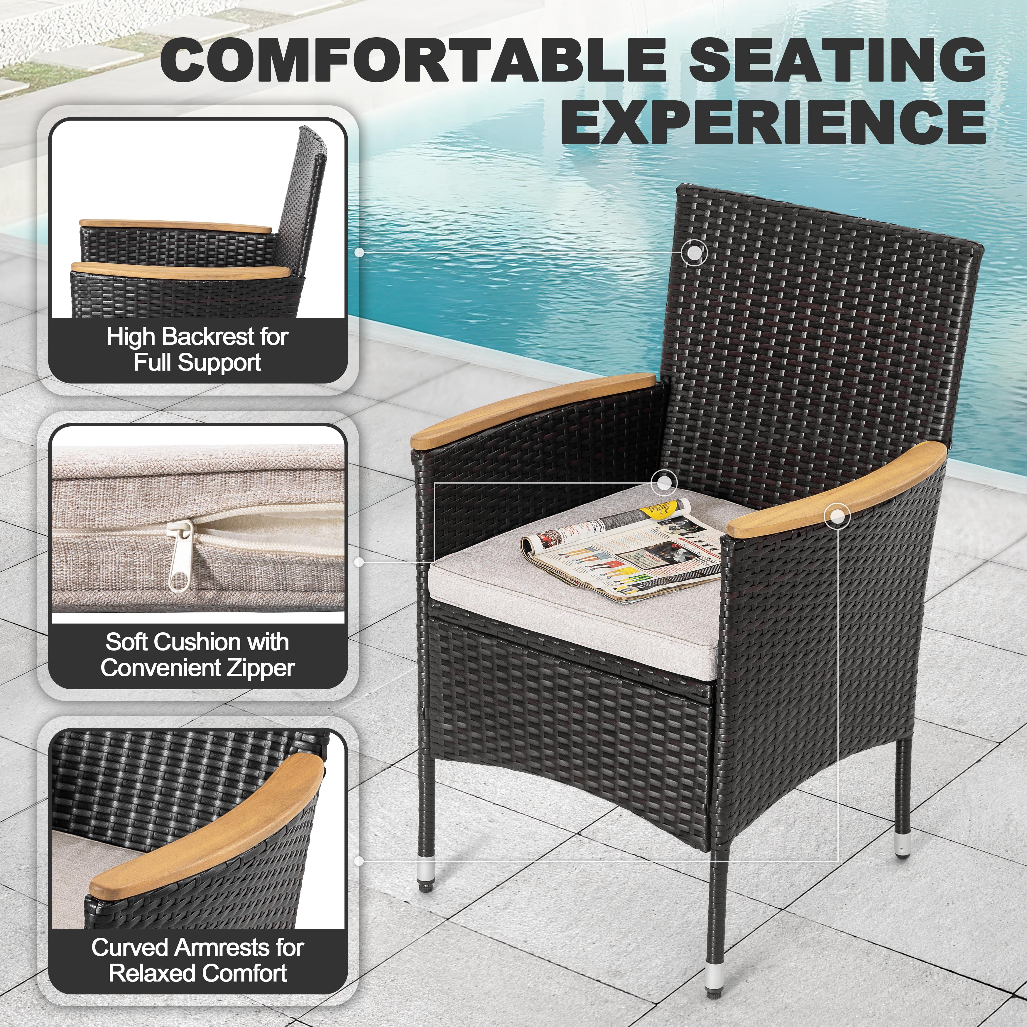 Nuu Garden Patio Chairs Set of 2, Outdoor Dining Chairs with Handwoven Wicker and Acacia Wood Armrests, All Weather Dining Chairs with Cushions for Outside, Black and Beige