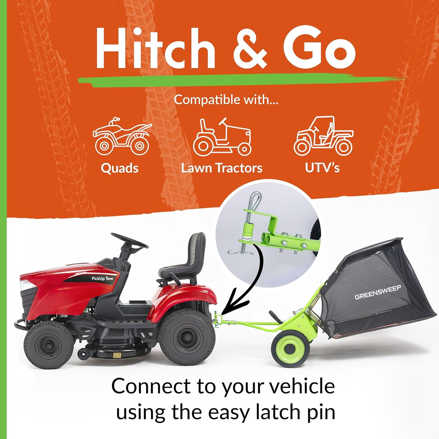 GreenSweep Pickup Tow 42-Inch 10.5 Cubic Feet Tow-Behind Lawn Sweeper with Adjustable Brush Height, Large Grass Catcher Hopper