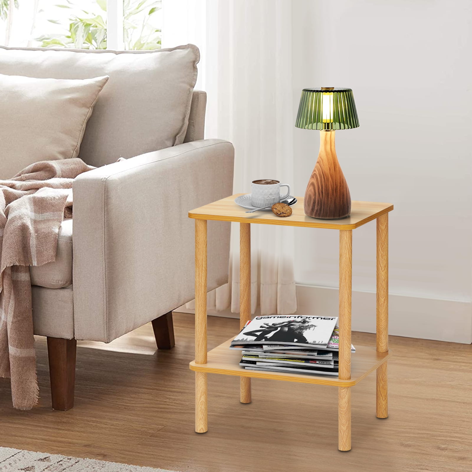 HONEIER 2 Tier Side table, Boho End Table with Storage Shelf, Nightstand with Wood Leg Bedside Table for Small Spaces, Bedroom, Living Room, Entryway, Farmhouse, Easy Assembly, Natural