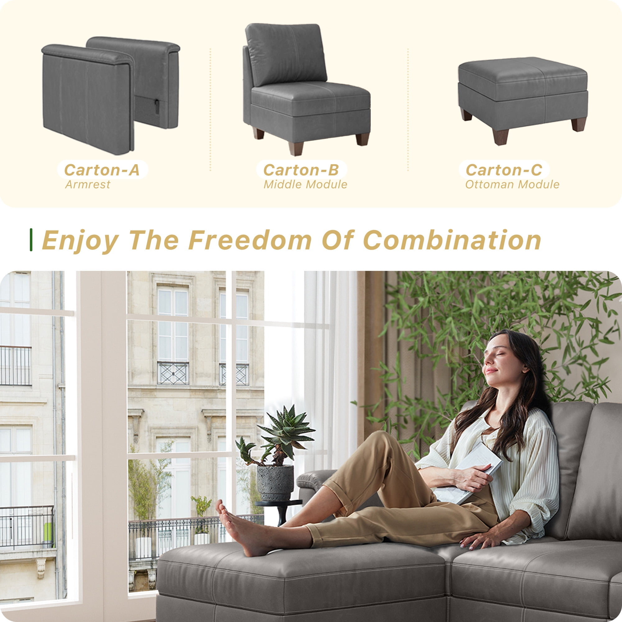SITJOY 118" Faux Leather Modular Sectional Couches with Storage, Convertible 5 Seat L-Shaped Sectional Sofa with Ottoman for Living Room, Gray