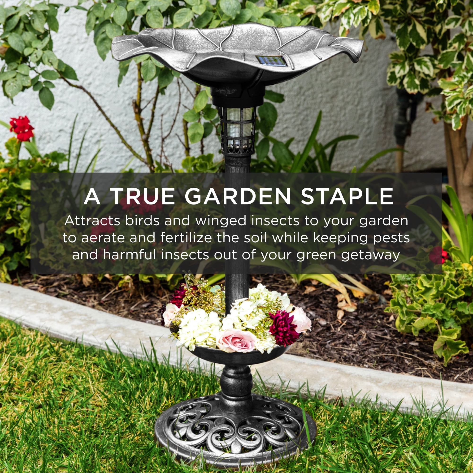 Best Choice Products Solar Lighted Pedestal Bird Bath w/ Planter, Integrated Panel - Black
