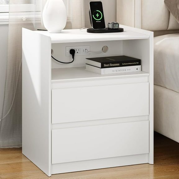 2 Drawers White Nightstand with Charging Station, 24" Tall Bedside Table End Table for Bedroom or Living Room