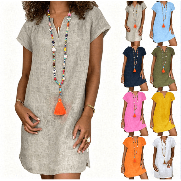 cocolona Women's Summer Plus Size Linen Dress V Neck Short Sleeve Solid Casual Loose Midi Dress Hawaiian Beach Sun dress