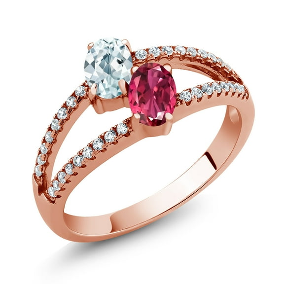 Gem Stone King 1.38 Ct Oval Sky Blue Aquamarine Pink Tourmaline 18K Rose Gold Plated Silver Ring (Size 5)