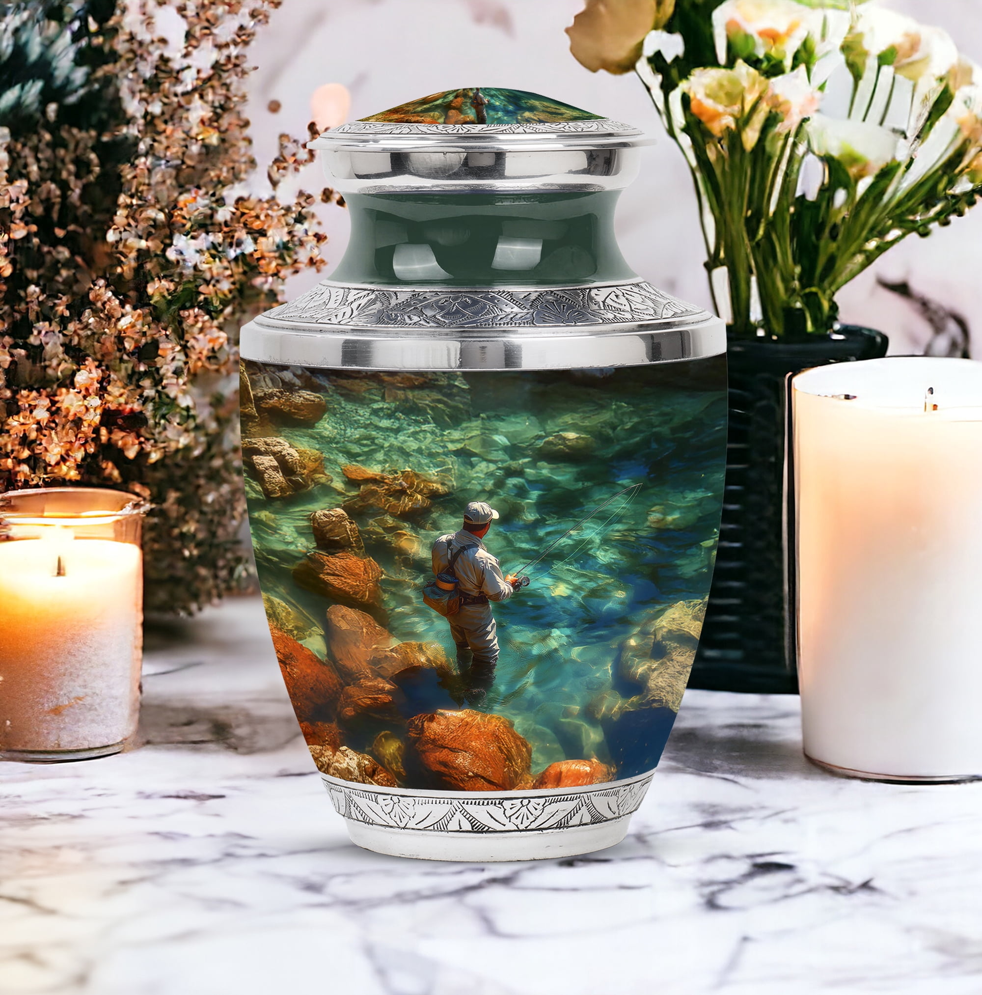 YATHABI Fishing Cremation Urn - Large Urns For Human Ashes Adult Male - Small Keepsake Urn For Adult Female - Little Urn For Ashes For Women - Memorial Ash Holder - 10 Inch And 3 Inch
