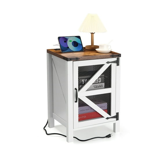 18" Farmhouse Nightstand with Charging Station, Wood Side Table, End Table with Adjustable Shelf, Rustic Bedside Cabinet with Mesh Barn Door for Bedroom, Living Room