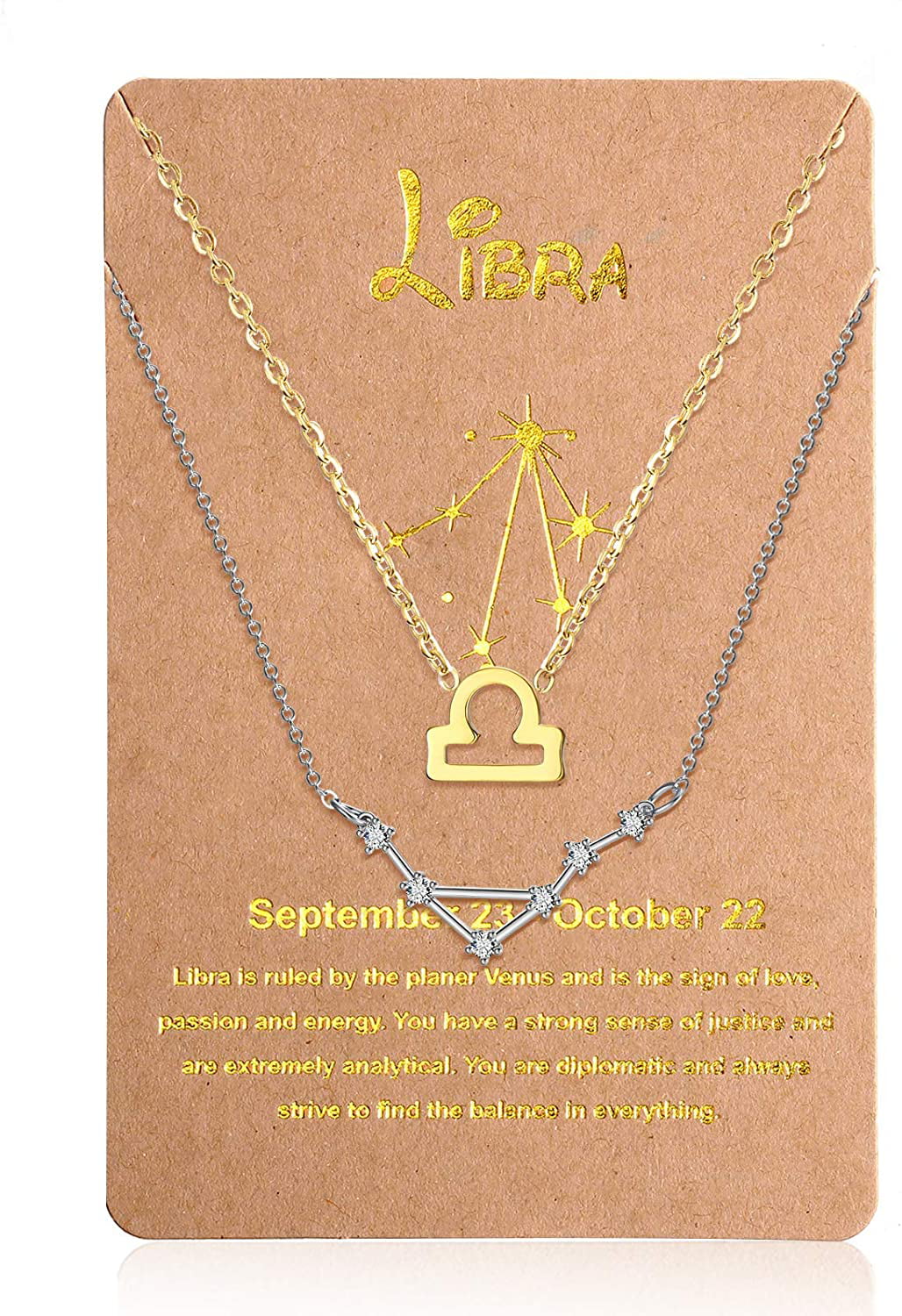 2 Pieces Zodiac Necklace Pendant 12 Astrology Necklace Gold Silver Astrology Horoscope Sign Chain with Astrology Card for Women Girl