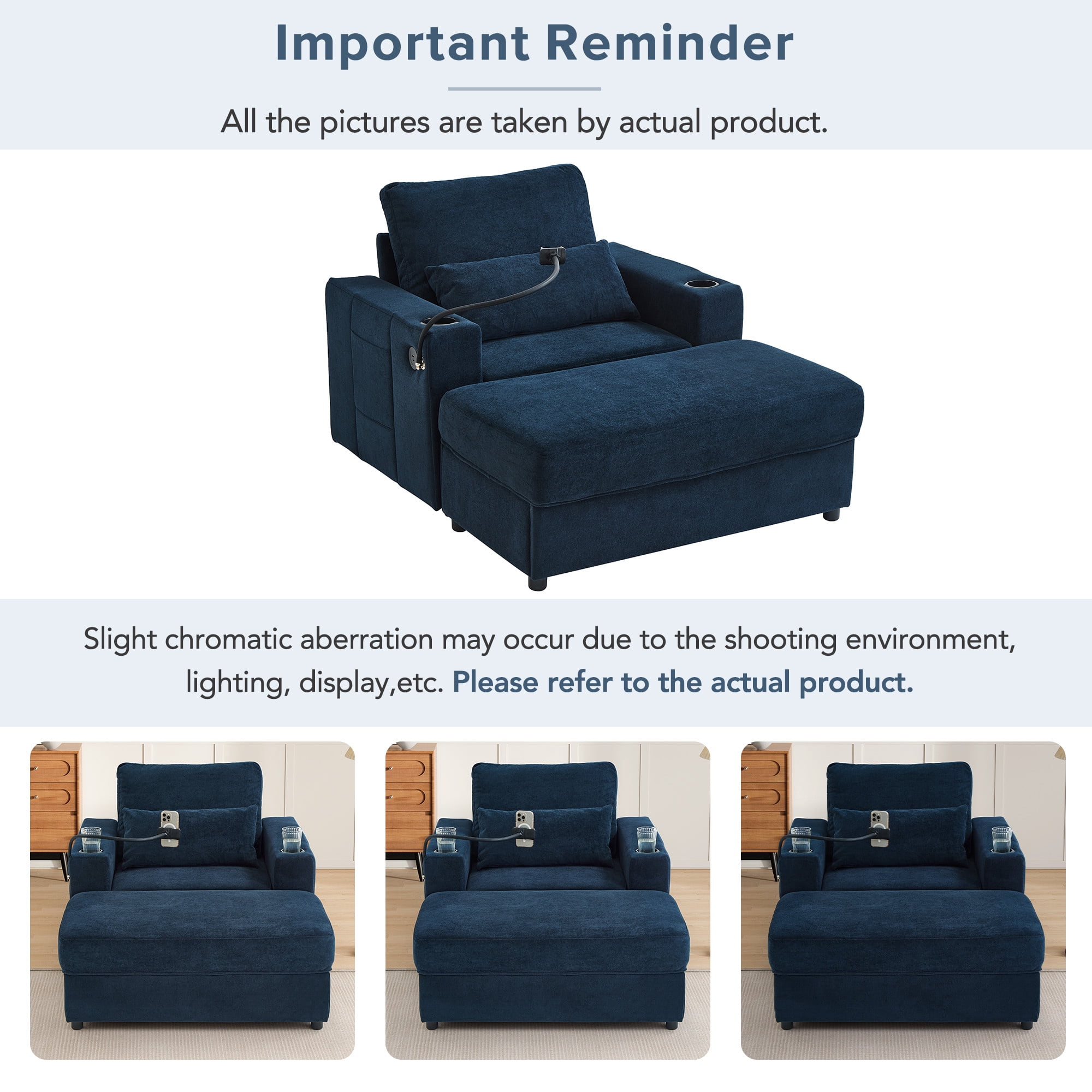 Aukfa 43" Chaise Lounge w/ 2 Cupholders and USB Ports, Storage Ottoman, Chenille, Blue