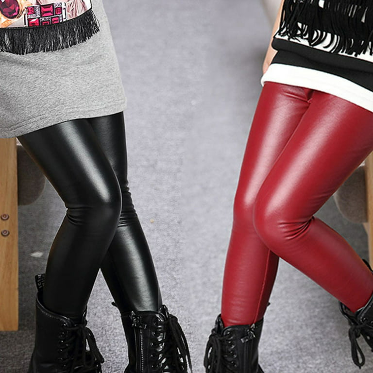 2-12 Years Kids Girl's Faux Leather Fleece Leggings Stretch Girls Winter  Warm Pants Thick Trousers