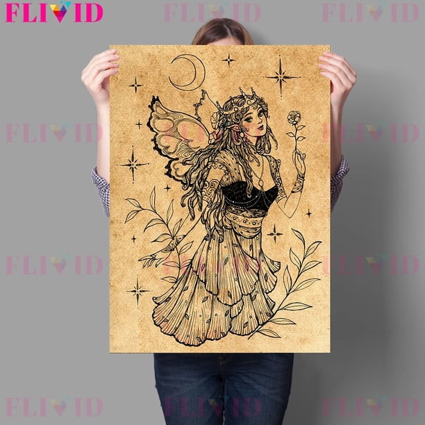 Póster Artístico Retro de bruja y Luna, cuadro sobre lienzo para pared, decoración para sala de estar sin marco