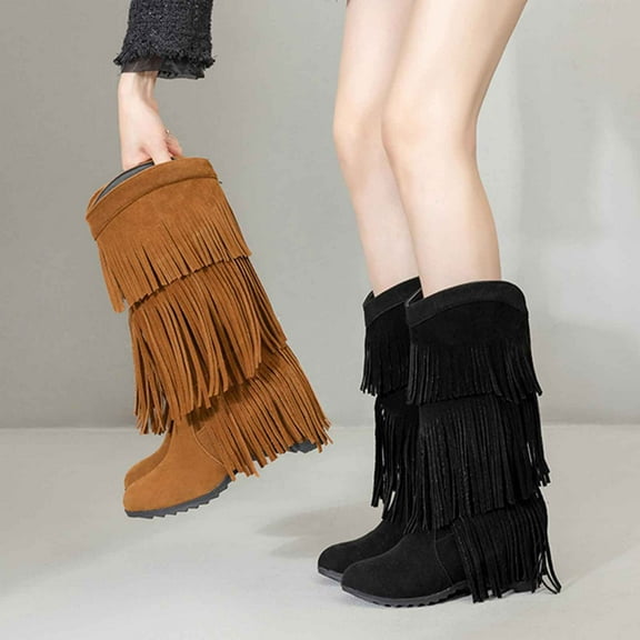 Lovzfmll Cowboy Boots for Women, Fringe Knee High High Heel Stacked, Mid Heel Wide Calf Round Toe Cowgirl Boots Fall Black Boots
