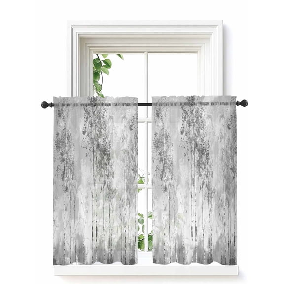 Contemporary Grey Tree Curtains 45 Inch Length, Sheer Curtains for Bedroom Living Room Window Abstract Art Oil Paiting Rod Pocket Voile Drapes Kitchen Curtains Small Half Window 42"x45" 2 Panels