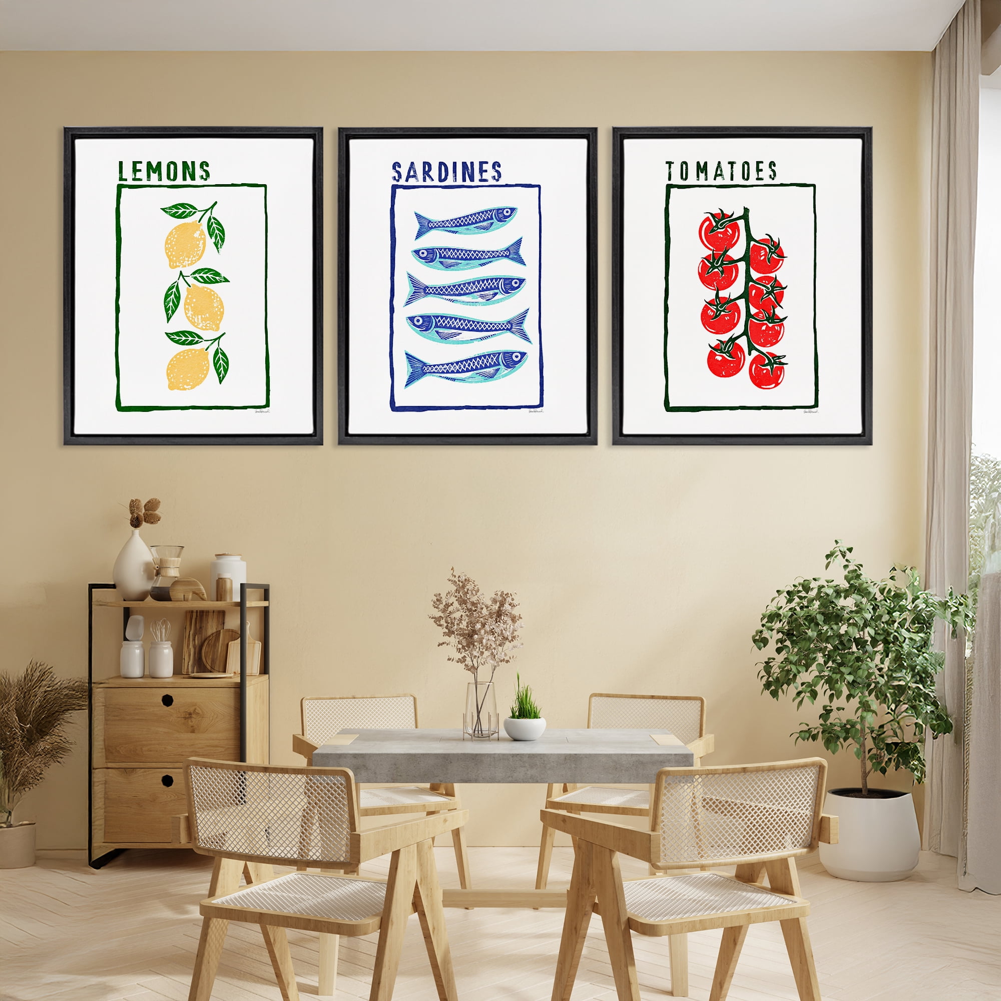 Stupell Industries Healthy Summer Foods 3 Piece Black Framed Floater Canvas Set, design by Amanda Greenwood