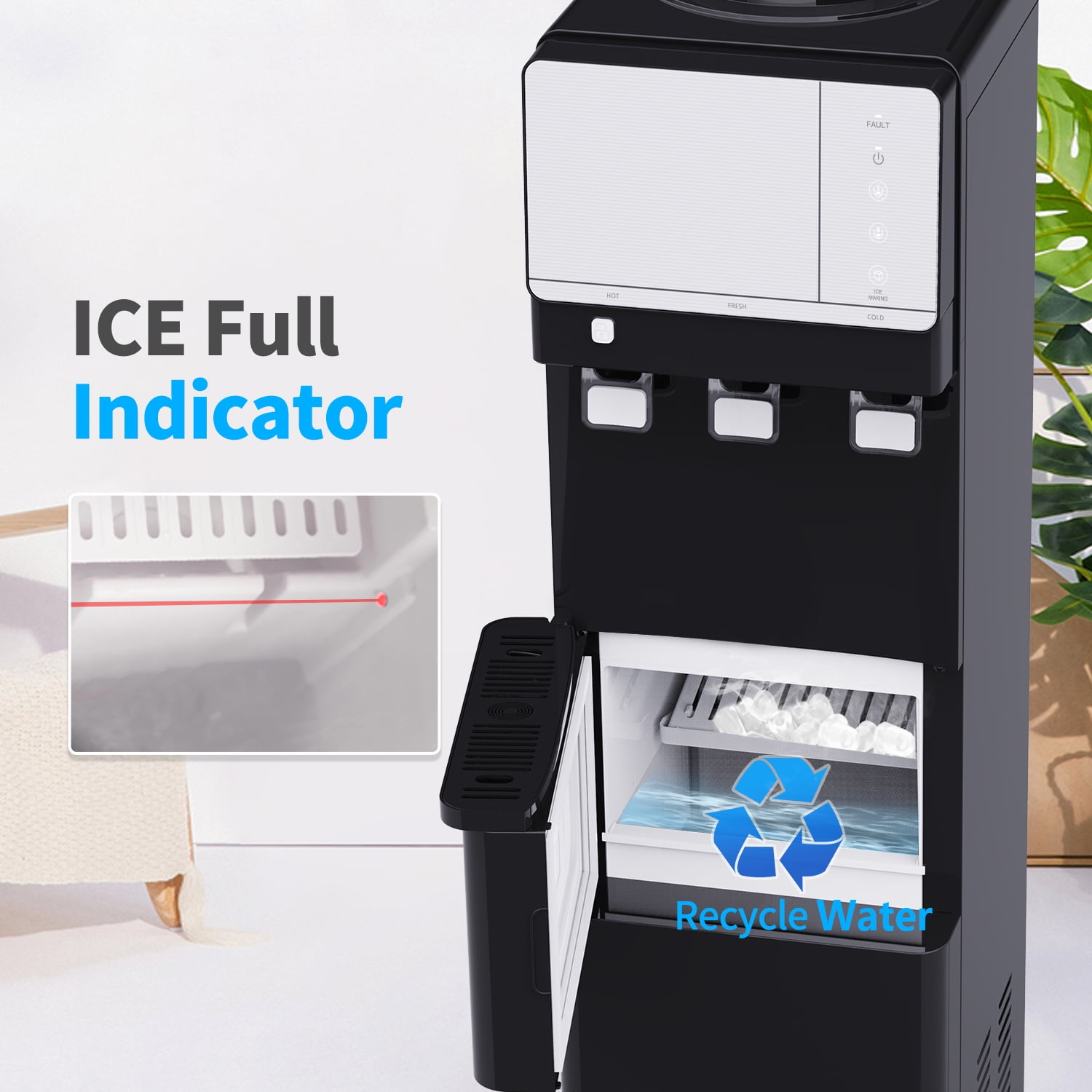 IKT Hot and Cold Water Dispenser with Ice Maker ,5 Gallon Bottle Top Load 27 lbs Daily Capacity with Child Safety Lock Black