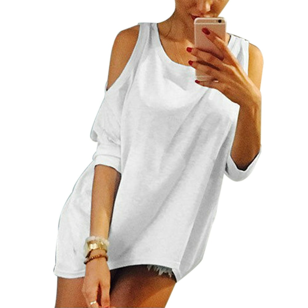 Sexy Dance Cold Shoulder Tops for Women Loose Crew Neck Batwing